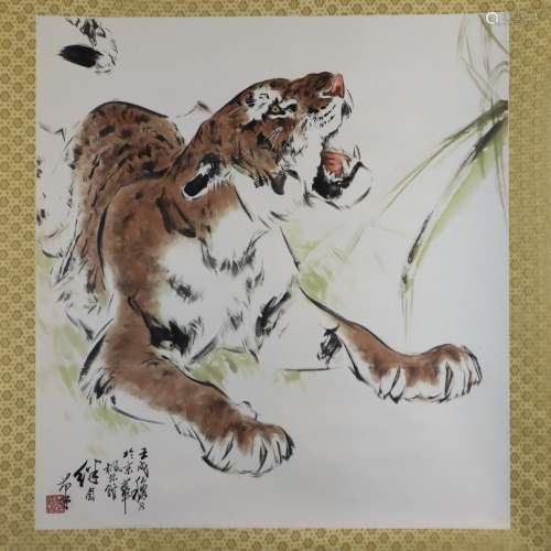 Roaring tiger, colour ink on paper, dated 1982, ma…