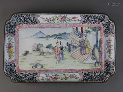 A canton enamel tray with figure scenes, Qing Dynasty, 18 th /early 19 th century, of rectangular