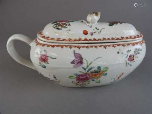 A Chinese export porcelain famille rose bourdalou and cover, Qianlong, decorated with floral