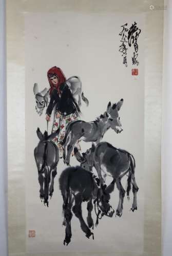 Huang Zhou (1925 - 1997), woman with 5 donkeys, co…