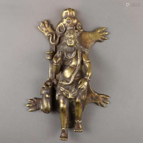 Shiva auf Tigerfeld - Bronze, goldene Patina, Indi…