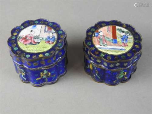 Two Canton enamel blue boxes and covers, Qing dynasty, each of flower head form, the covers
