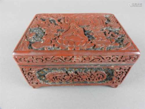 A Chinese three colour cinnabar lacquer box, Qing Dynasty, late 19 th century, the rectangular top