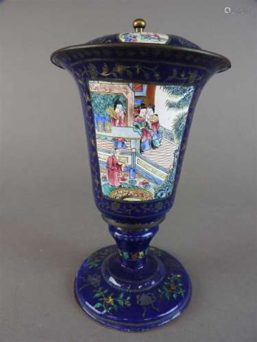 A canton enamel goblet and cover, Qing Dynasty, 19 th century, of tapering conical form with everted