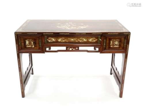 A late 19th / early 20th century Chinese hardwood desk inlaid with ivory and bone