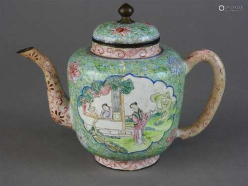 A Chinese Canton enamel famille rose teapot and cover, Qing dynasty, decorated with two shaped