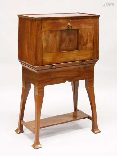 AN UNUSUAL MAHOGANY SECRETAIRE CABINET ON STAND, 20TH