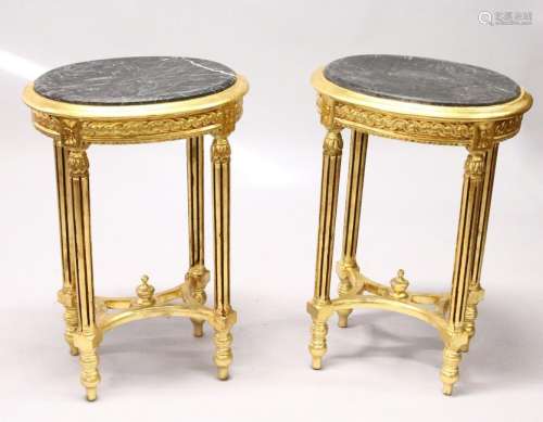 A PAIR OF FRENCH STYLE OVAL GILTWOOD OCCASIONAL TABLES,