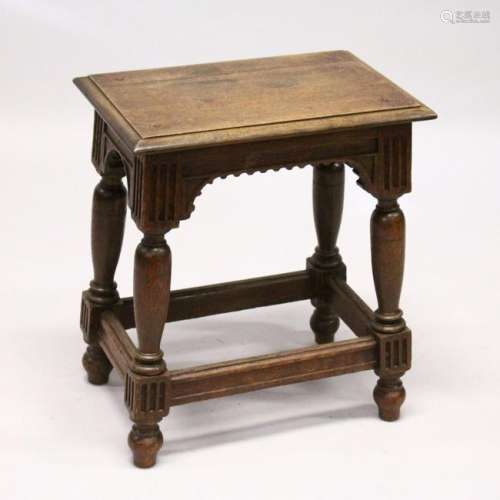 A 19TH CENTURY OAK JOINT STOOL, on turned legs.  1ft
