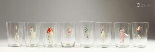 A SET OF EIGHT LARGE GLASS BEAKERS, enamelled with