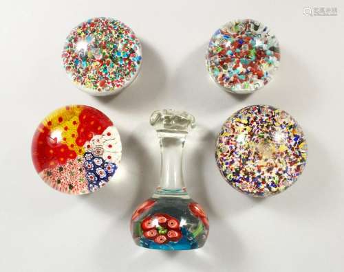 FIVE VARIOUS PAPERWEIGHTS.