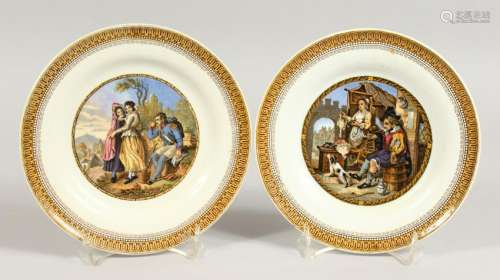 A PAIR OF PLATES, Resting Soldier and Tavern.  7ins