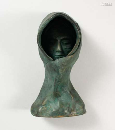 A SMALL POTTERY HOODED BUST OF A MAN, with verdigris