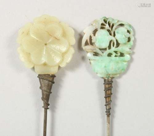 TWO CHINESE JADE MOUNTED HAIRPINS.  5.25ins and 7ins