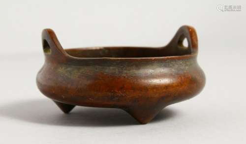 A CHINESE BRONZE SMALL TWIN-HANDLED CENSER.  3.5ins
