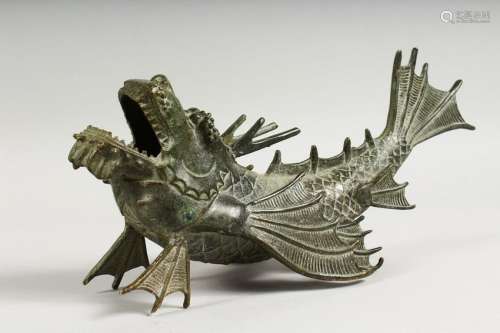 A CHINESE CAST BRONZE MODEL OF A DRAGON FISH.  13ins