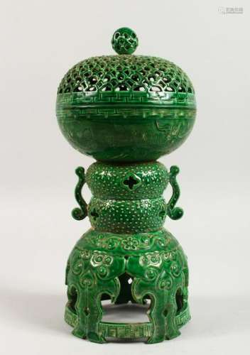 A CHINESE GREEN GROUND POTTERY CENSER IN THREE PARTS.