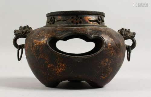 A BRONZE GOLD SPLASH CENSER, with pierced sides and