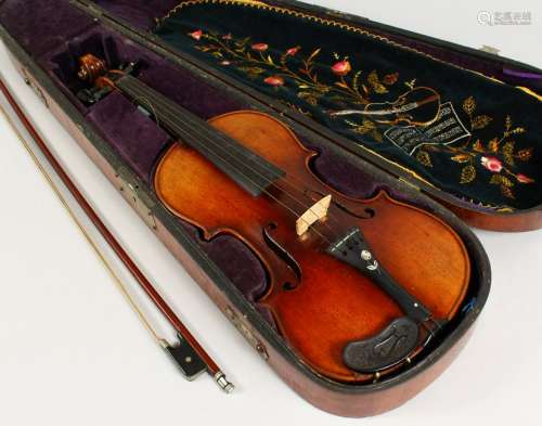 A MAHOGANY CASED VIOLIN, with bows.  Violin back
