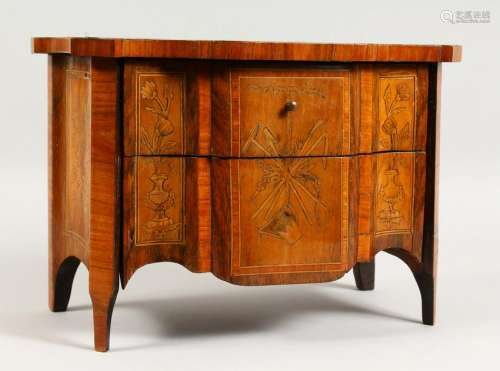 A GOOD CONTINENTAL MINIATURE TWO DRAWER MARQUETRY