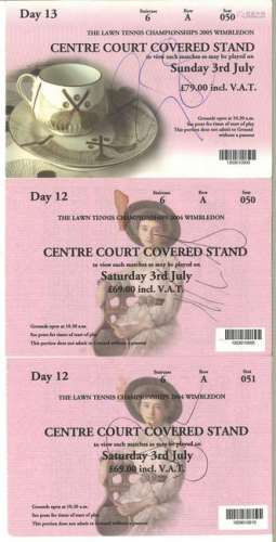 WIMBLEDON, three 2005 Centre Court tickets, signed.