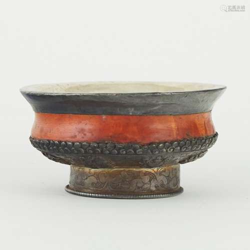 Tibetan Silver and Wood Bowl