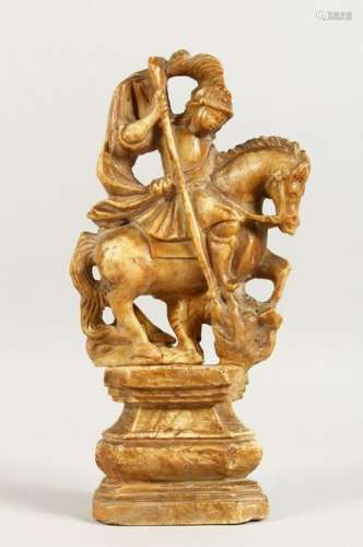 AN EARLY CARVED ALABASTER FIGURE OF ST GEORGE SLAYING