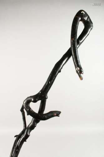 A RUSTIC BLACKTHORN WALKING STICK, carved with snake
