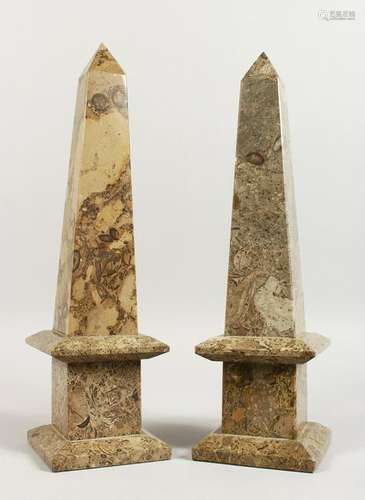 A PAIR OF 20TH CENTURY GREY MARBLE OBELISKS.  14.5ins