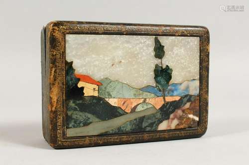 A PIETRA DURA AND LEATHER BOX, 20TH CENTURY, the hinged