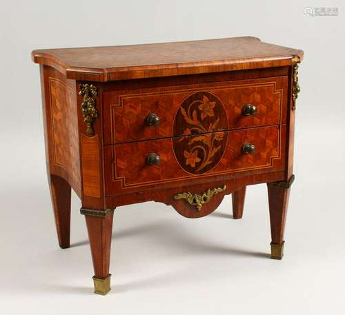 A MINIATURE FRENCH PARQUETRY AND MARQUETRY TWO DRAWER