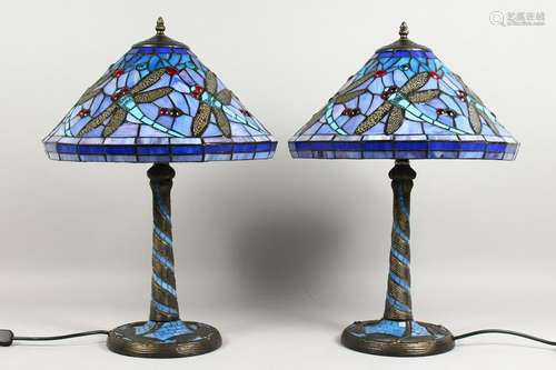 A PAIR OF TIFFANY STYLE TABLE LAMPS, with blue glass