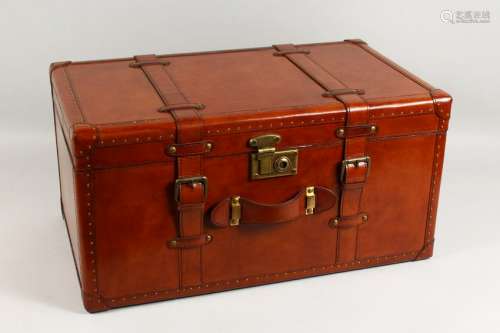 A GOOD LEATHER TRUNK.  24ins wide x 14ins deep x 12ins