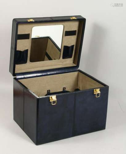 A BLUE LEATHER VANITY CASE.  14ins wide x 10.5ins deep