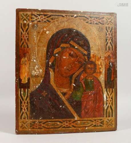 A RUSSIAN PAINTED ICON, Madonna and Child.  12.5ins x
