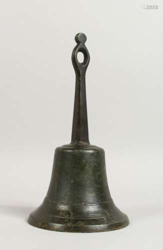 AN OLD HAND BELL, with wrought iron handle.  10ins