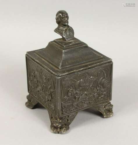 A HEAVY LEAD TOBACCO BOX AND COVER, decorated with a