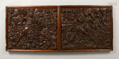 A GOOD PAIR OF EARLY CARVED OAK PANELS, POSSIBLY 17TH