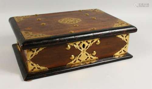 A 19TH CENTURY BRASS BOUND BOX, with brass carrying