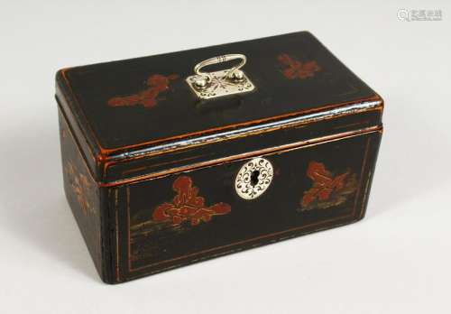 A REGENCY BLACK LACQUER TEA CADDY, with hinged lid and