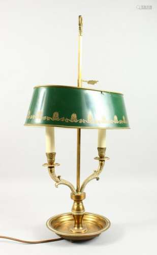A GOOD STUDENTS TWO-LIGHT LAMP with Toleware shade, on