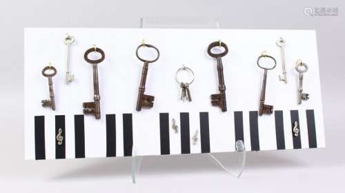 AN INTERESTING COLLECTION OF KEYS, on a key board.