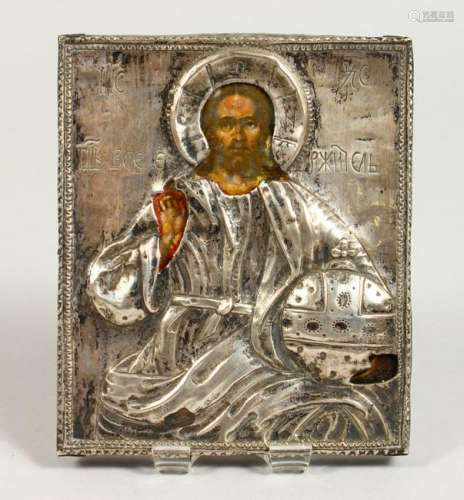 A RUSSIAN SILVER ICON.  Christ.  Silver Marks M.B.N.