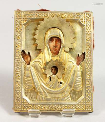 A RUSSIAN SILVER GILT ICON.  Madonna.  Silver Marks: