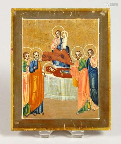 A RUSSIAN ICON on olive wood, dated 1813.  5ins x 4ins.