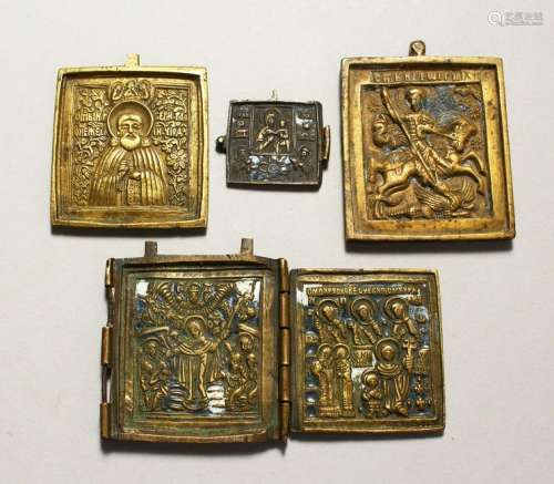 FIVE VARIOUS PIECES OF RUSSIAN BRASS ICONS.