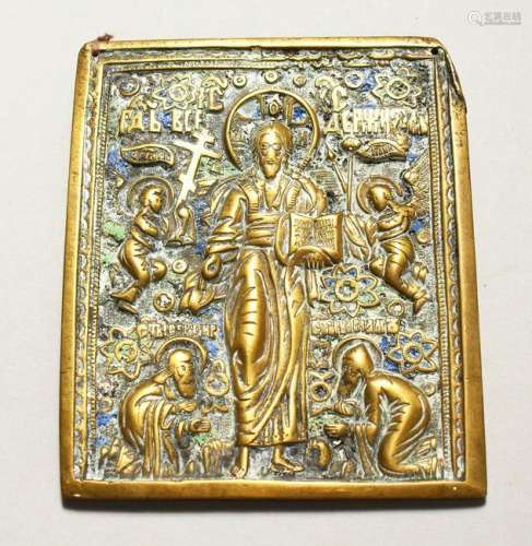 A RUSSIAN BRASS AND BLUE ENAMEL ICON.  4.25ins x 3ins.