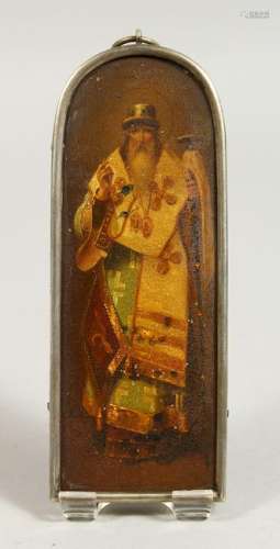 A LONG SMALL RUSSIAN ICON.  Priest, in a silver frame,