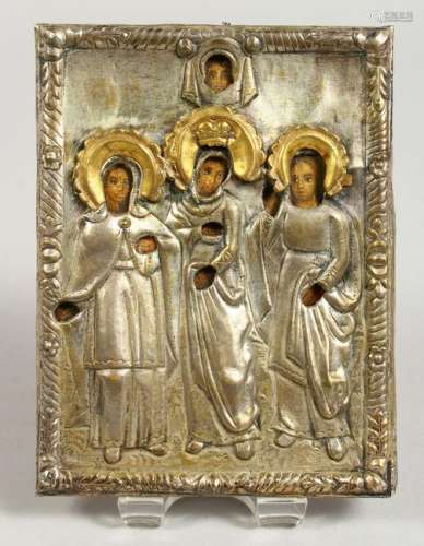 A RUSSIAN SILVER ICON.  Three Figures.  4.5ins x