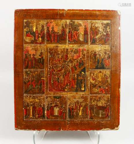 A VERY GOOD EARLY RUSSIAN ICON, with thirteen parts, on